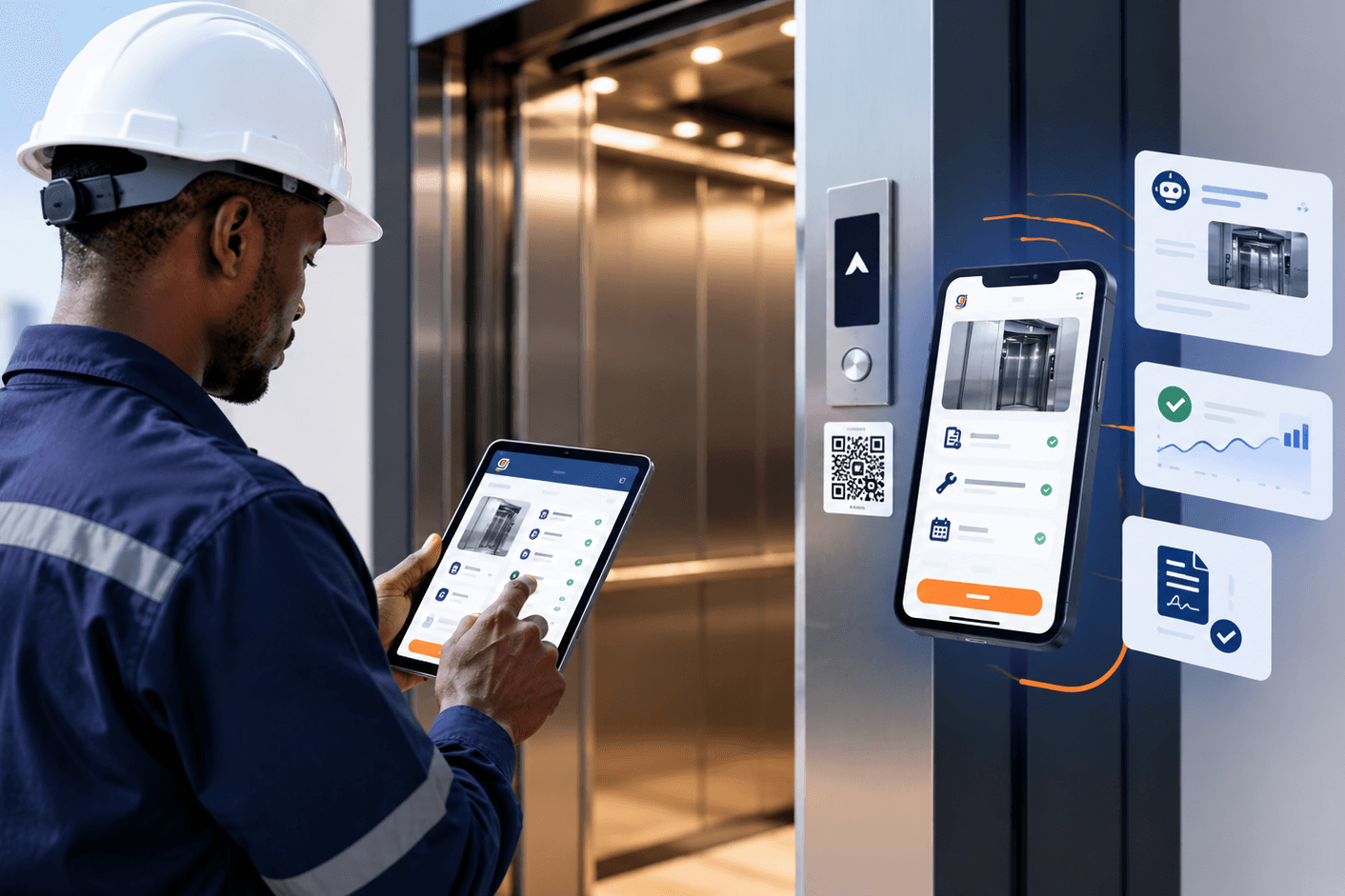 Technicien ascensoriste utilisant Gelevat sur tablette pour diagnostiquer un appareil